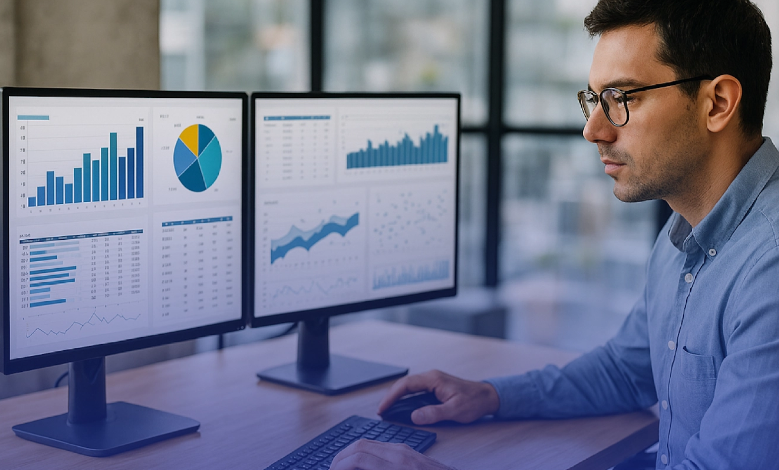 Students learning data analytics in a classroom in Ernakulam with laptops and charts
